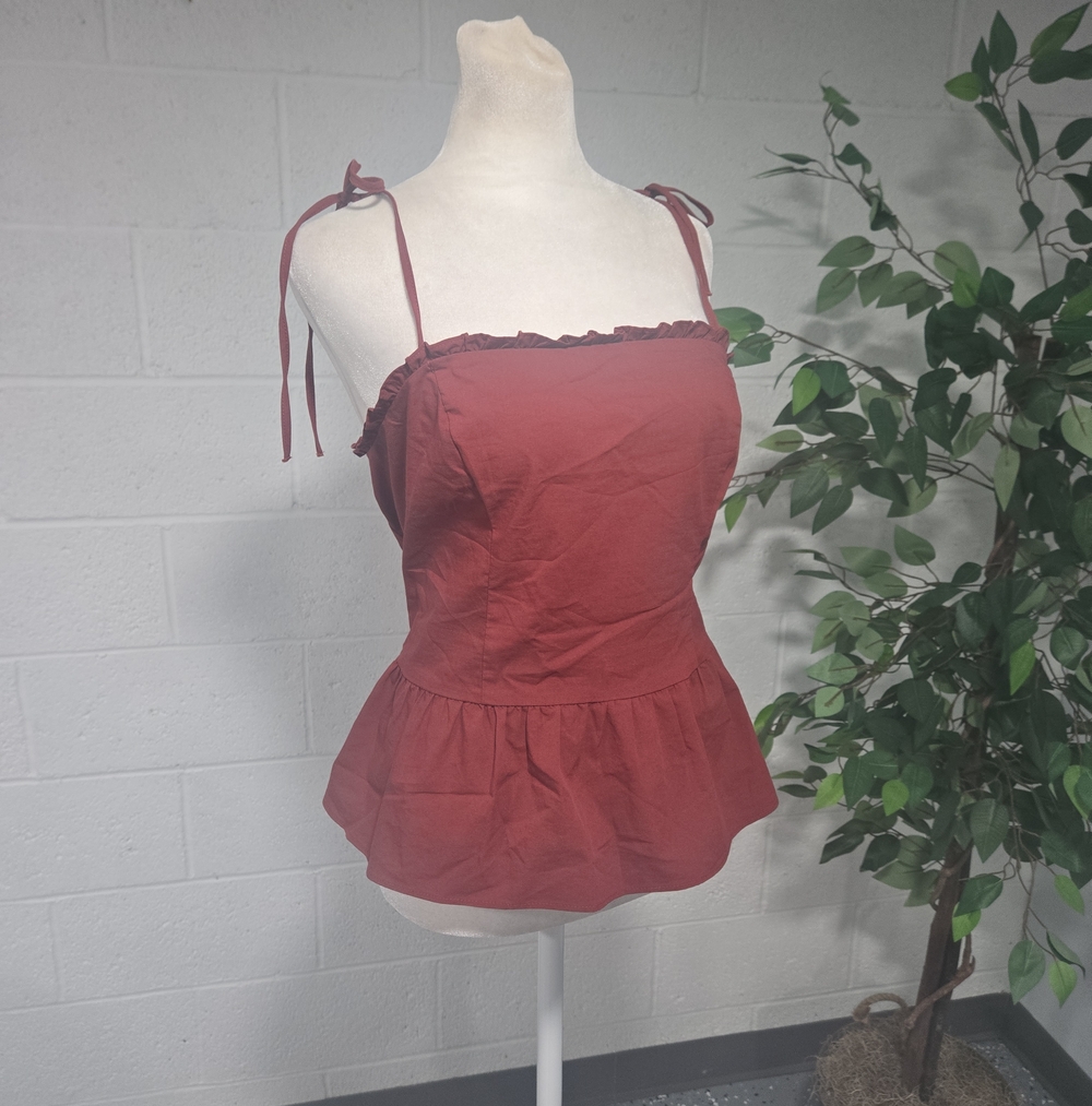 Express Ruffled Cotton Smocked Stretch Peplum Cami Bow Tie Burgundy Large Whimsi